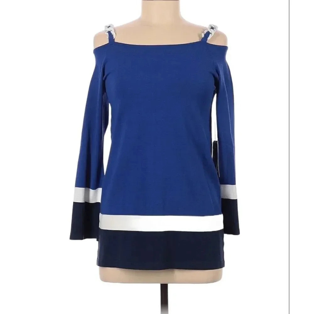 New $185 Etcetera Pullover Top Blue Tricolor Rayon Cold Shoulder Sleeve XS